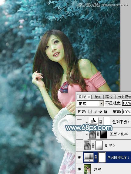 Photoshop调出林下美女唯美的蓝色效果