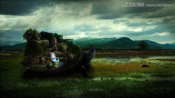 Photoshop合成乌龟拖着假山效果图