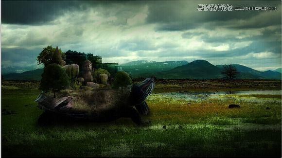 Photoshop合成乌龟拖着假山效果图