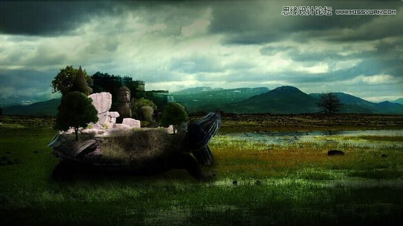 Photoshop合成乌龟拖着假山效果图