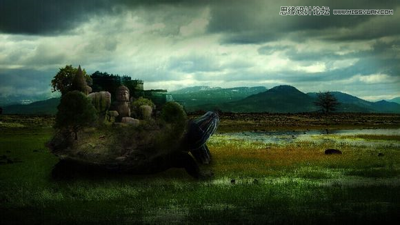 Photoshop合成乌龟拖着假山效果图
