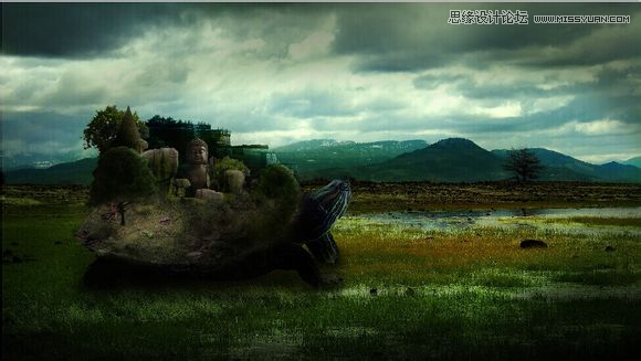 Photoshop合成乌龟拖着假山效果图