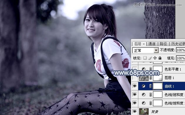 Photoshop调出树下女孩唯美蓝色效果