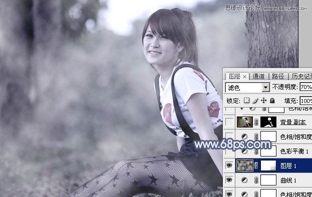 Photoshop调出树下女孩唯美蓝色效果