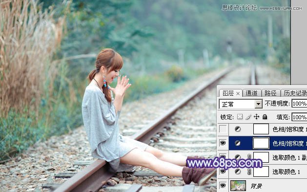 Photoshop调出铁路人像梦幻蓝色效果