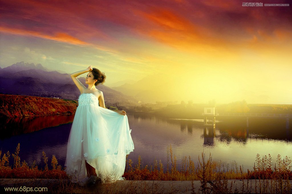 Photoshop给外景婚片添加唯美的黄昏效果