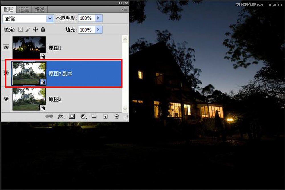 Photoshop巧用多张素材合成别墅夜景效果