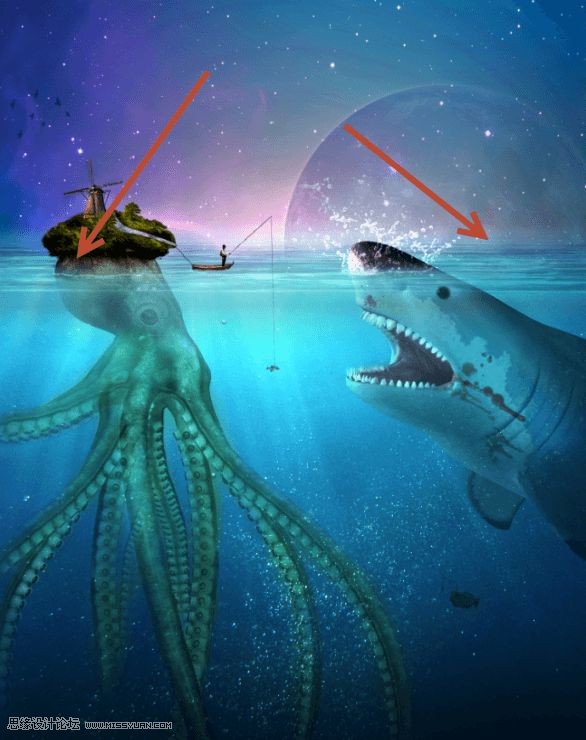 Photoshop合成章鱼岛渔夫出海钓鲨鱼教程