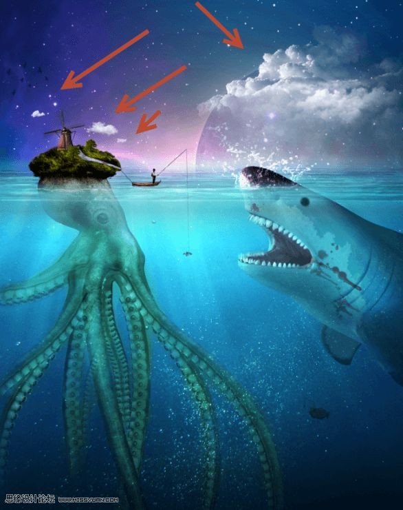 Photoshop合成章鱼岛渔夫出海钓鲨鱼教程