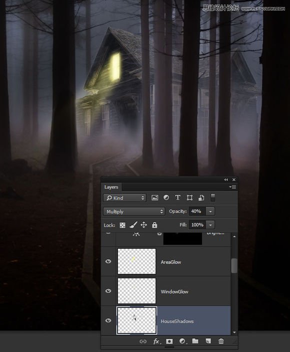 Photoshop合成黑暗森林中恐怖氛围的鬼屋