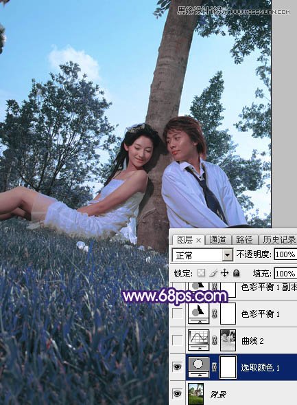 Photoshop调出树下情侣照梦幻紫色艺术效果