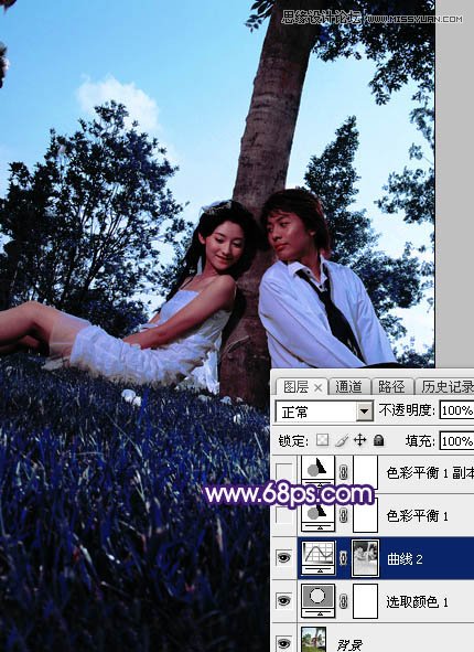 Photoshop调出树下情侣照梦幻紫色艺术效果
