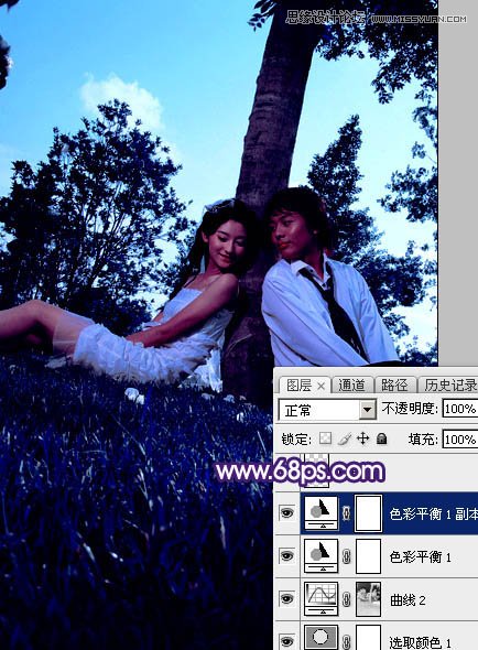 Photoshop调出树下情侣照梦幻紫色艺术效果