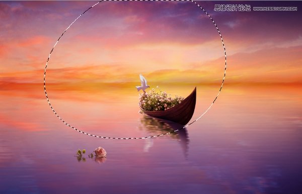 Photoshop合成梦幻风格的湖中小舟场景图