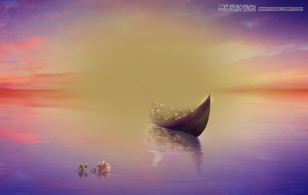 Photoshop合成梦幻风格的湖中小舟场景图