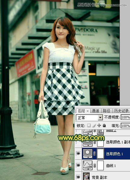 Photoshop给街道上行走女孩添加复古逆光效果