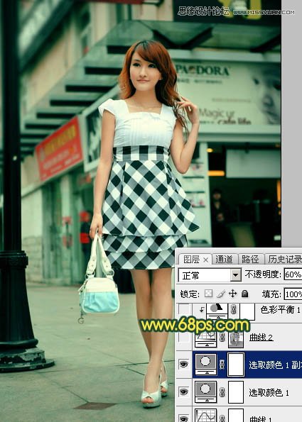 Photoshop给街道上行走女孩添加复古逆光效果