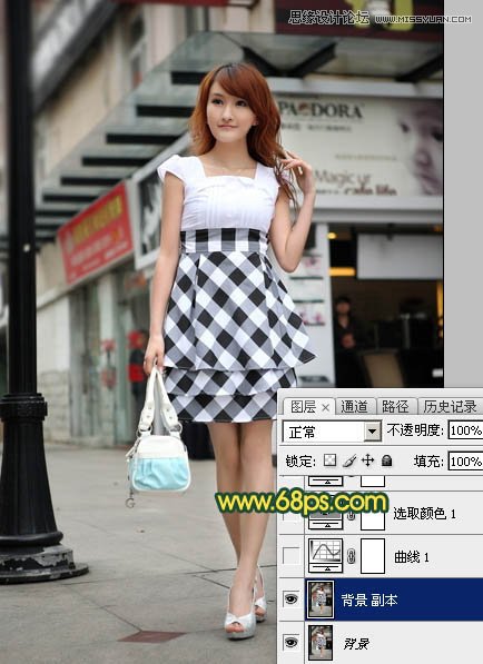 Photoshop给街道上行走女孩添加复古逆光效果