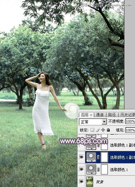 Photoshop调出外景林中女孩梦幻紫色效果