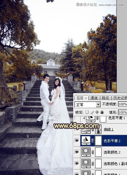 Photoshop给外景婚片添加夕阳黄昏美景效果