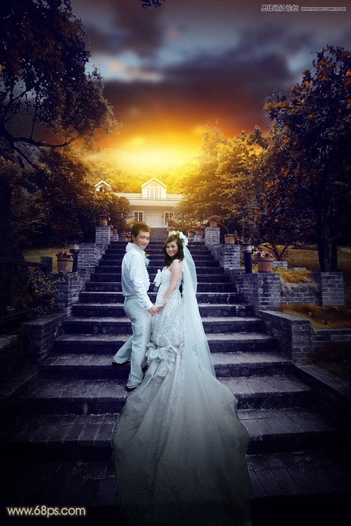 Photoshop给外景婚片添加夕阳黄昏美景效果