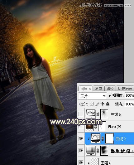 Photoshop调出马路上女孩金色夕阳美景效果