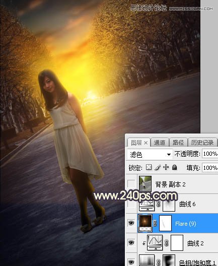 Photoshop调出马路上女孩金色夕阳美景效果