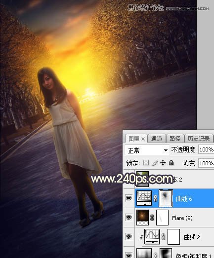 Photoshop调出马路上女孩金色夕阳美景效果