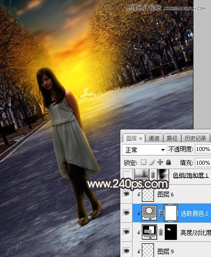 Photoshop调出马路上女孩金色夕阳美景效果
