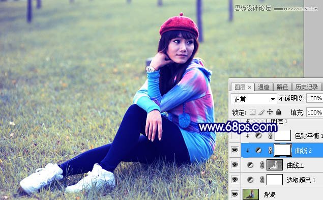Photoshop调出草地女孩唯美淡蓝色效果