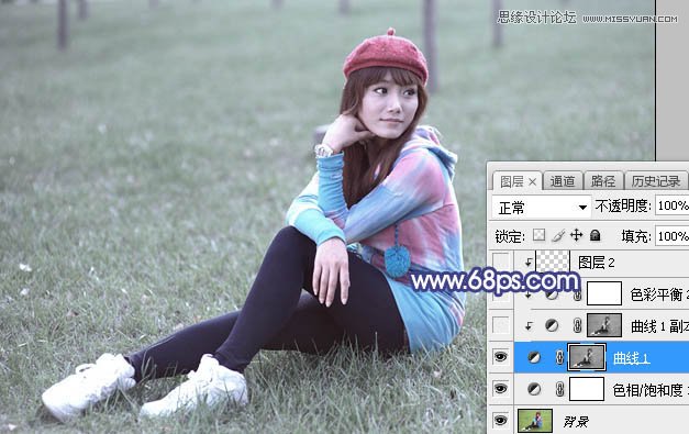 Photoshop调出草地清纯女孩蓝色艺术效果