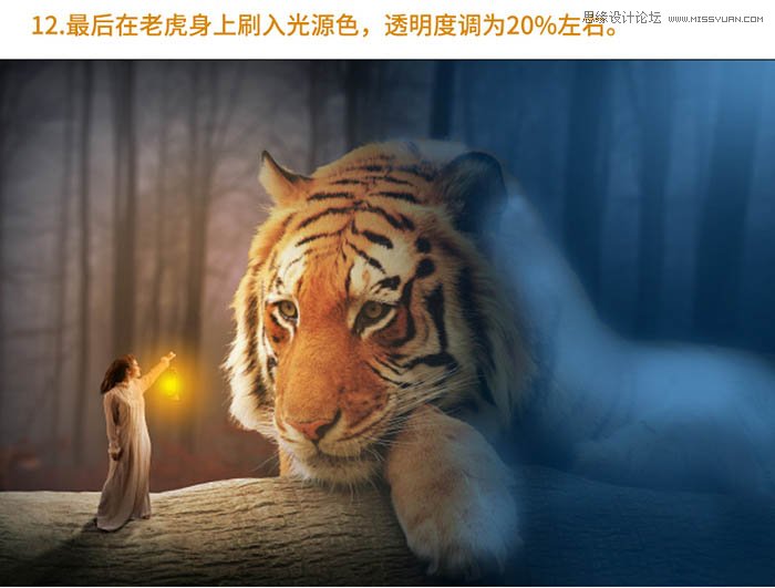 Photoshop合成森林中在老虎面前打灯的女孩