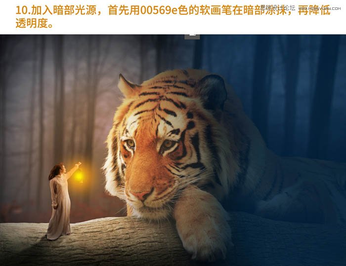 Photoshop合成森林中在老虎面前打灯的女孩