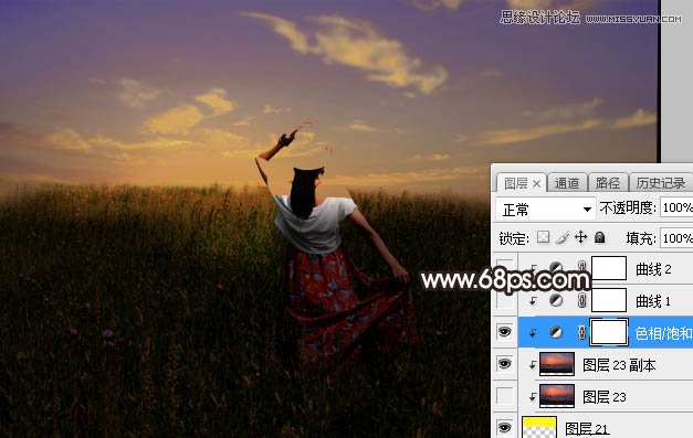 Photoshop给外景田园人像添加夕阳美景效果