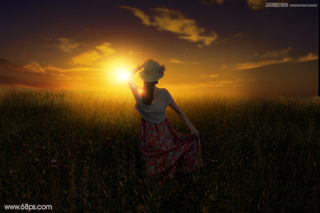 Photoshop给外景田园人像添加夕阳美景效果