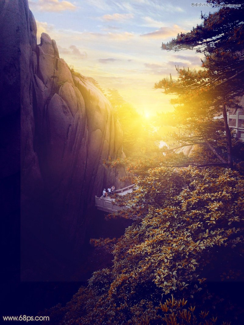 Photoshop给山间风景照片添加夕阳美景效果