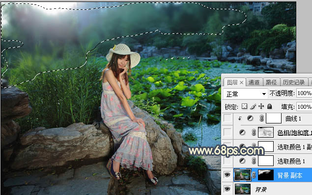 Photoshop给池塘边女孩添加夕阳光效效果