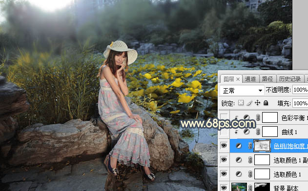 Photoshop给池塘边女孩添加夕阳光效效果