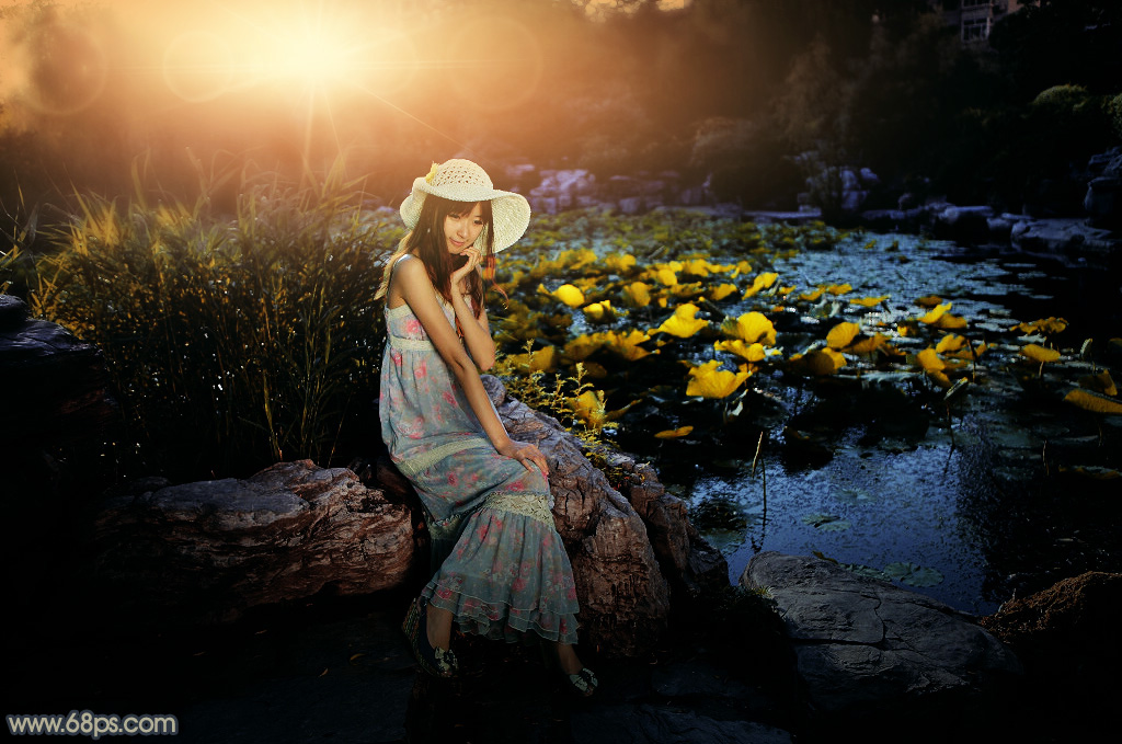 Photoshop给池塘边女孩添加夕阳光效效果