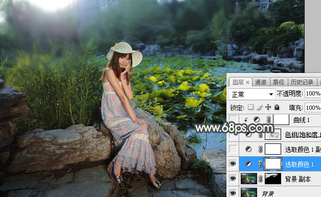 Photoshop给池塘边女孩添加夕阳光效效果