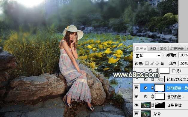 Photoshop给池塘边女孩添加夕阳光效效果