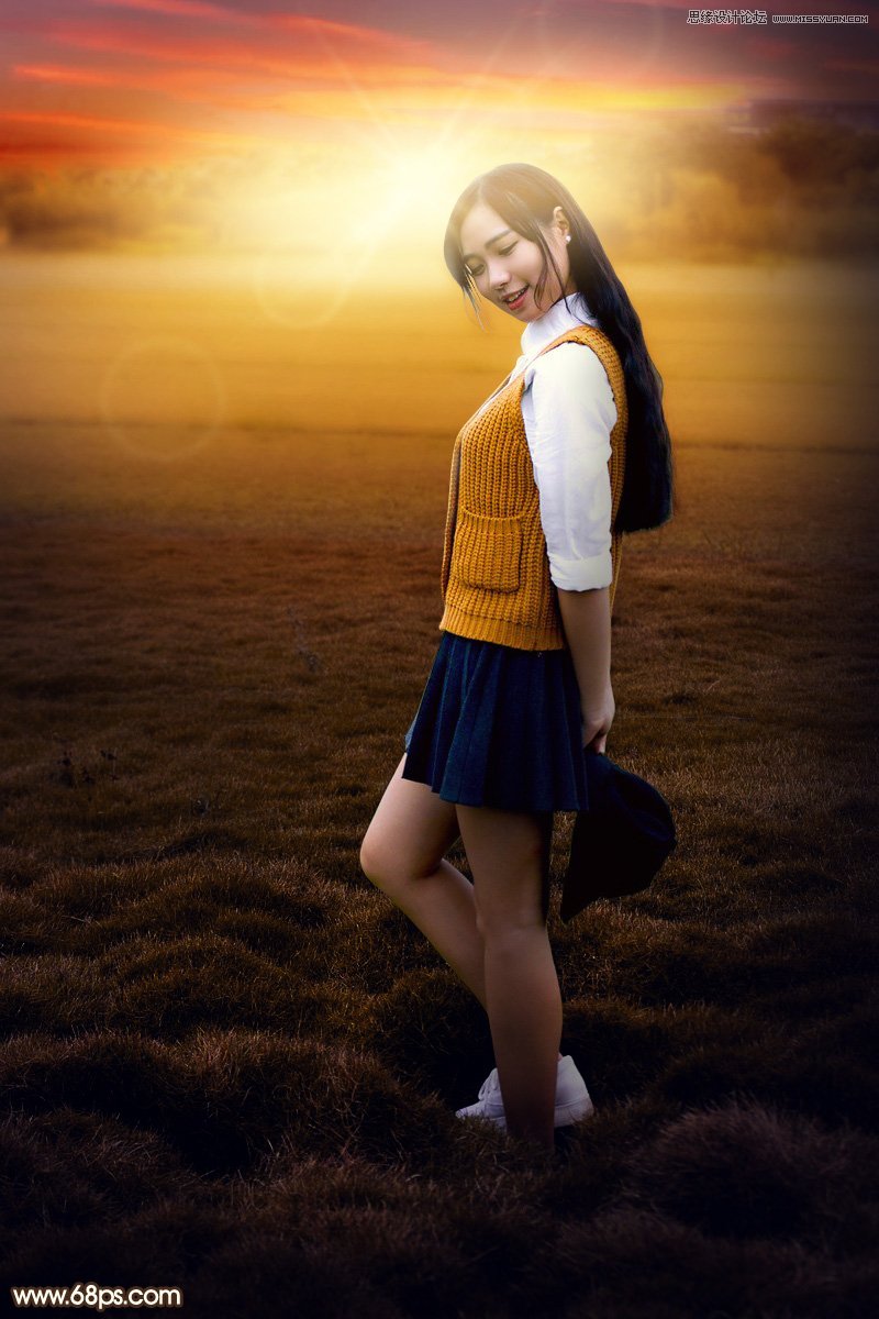 Photoshop给外景美女照片添加夕阳光线效果
