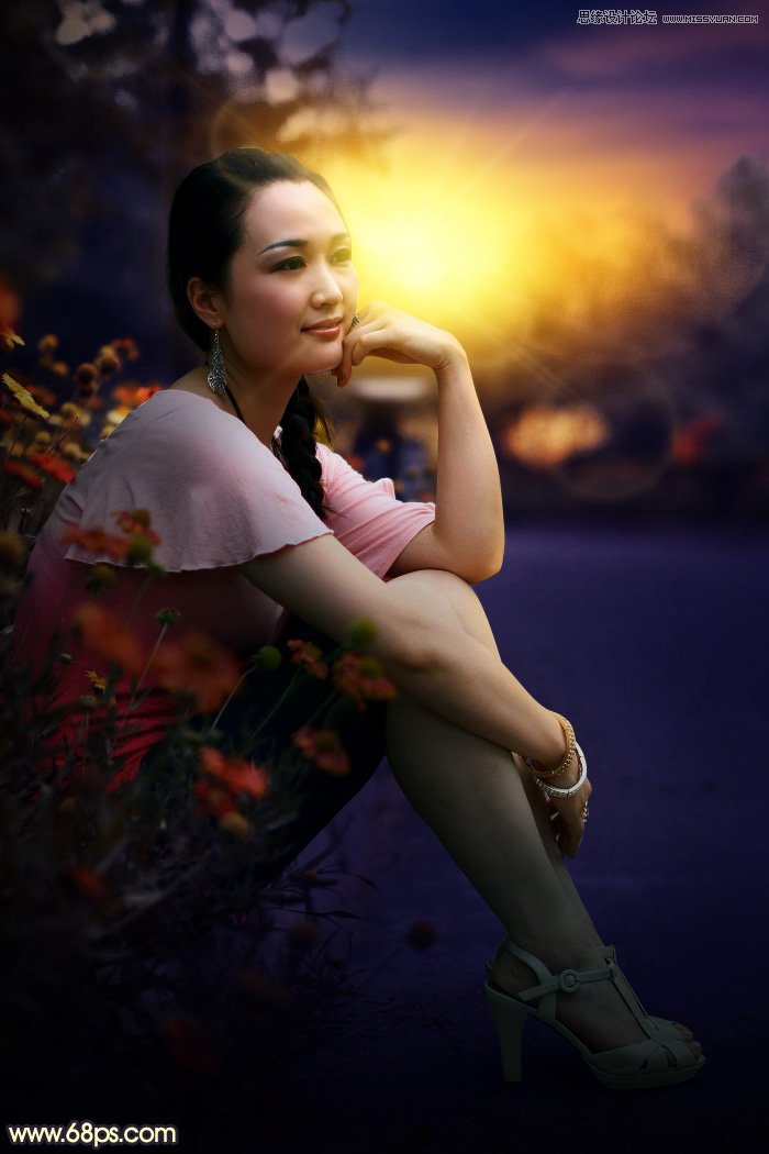 Photoshop给外景美女人像添加夕阳美景