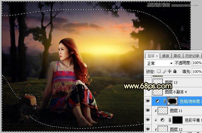 Photoshop给外景草地美女添加夕阳光效效果