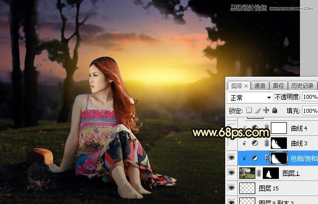 Photoshop给外景草地美女添加夕阳光效效果