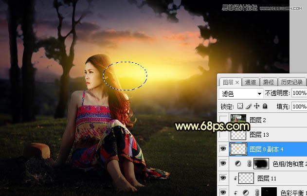 Photoshop给外景草地美女添加夕阳光效效果