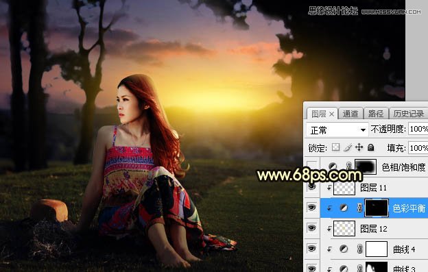 Photoshop给外景草地美女添加夕阳光效效果