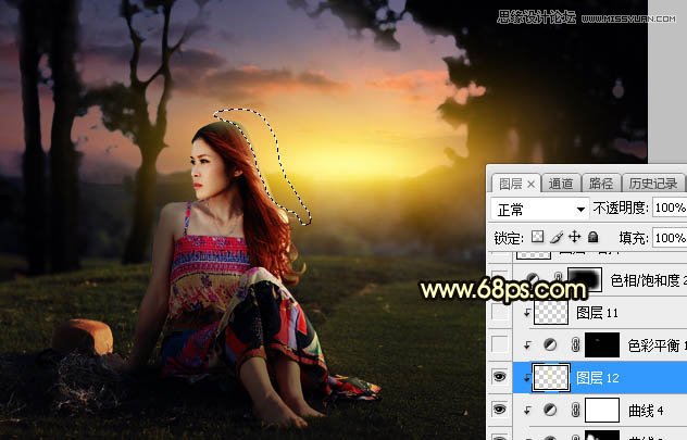 Photoshop给外景草地美女添加夕阳光效效果