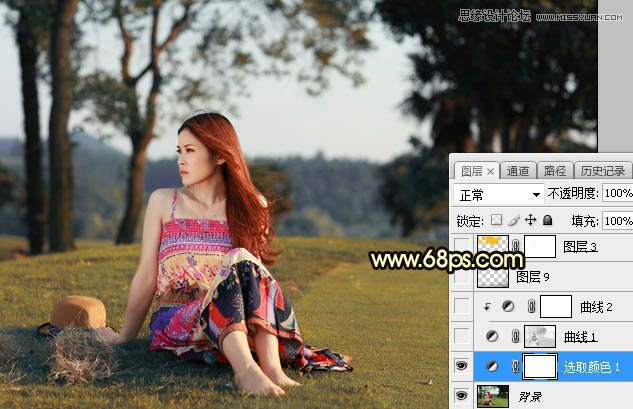 Photoshop给外景草地美女添加夕阳光效效果