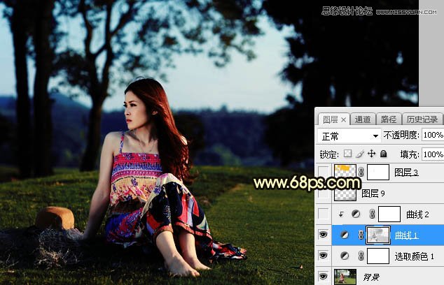 Photoshop给外景草地美女添加夕阳光效效果